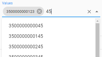 Live filter IMEI multiselect with 3500000000123 already chosen